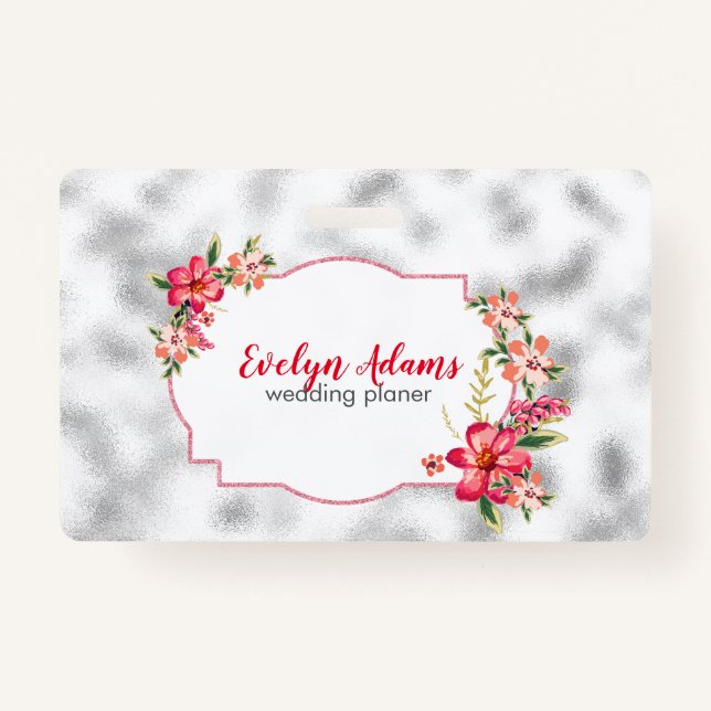 Badge Fleurs Roses Et Verre Bleu Argent (Dos)