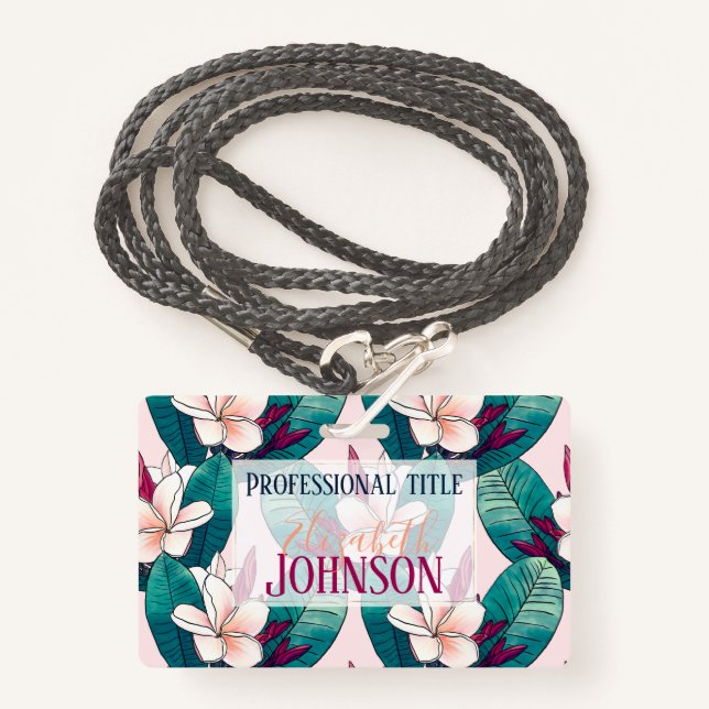 Badge Fleurs tropicales à la mode du feuillage vert (Devant avec lanière)