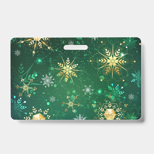 Badge Flocons de neige dorés de Noël sur fond vert (Avant)