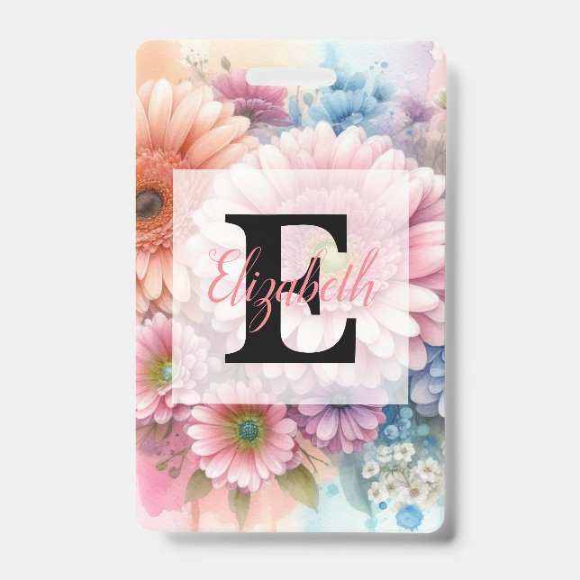 Badge Floral watercolor monogram pink gerbera daisies  (Face)