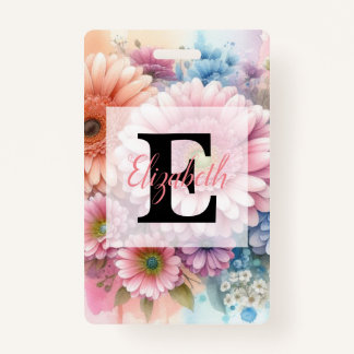 Badge Floral watercolor monogram pink gerbera daisies 