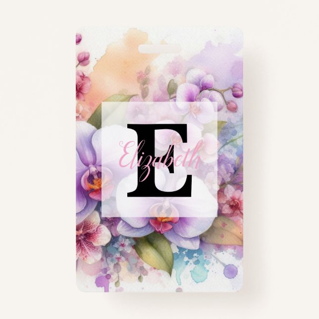 Badge Floral watercolor monogram pink orchid flowers  (Devant)