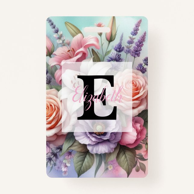 Badge Floral watercolor monogram pink purple flowers  (Devant)