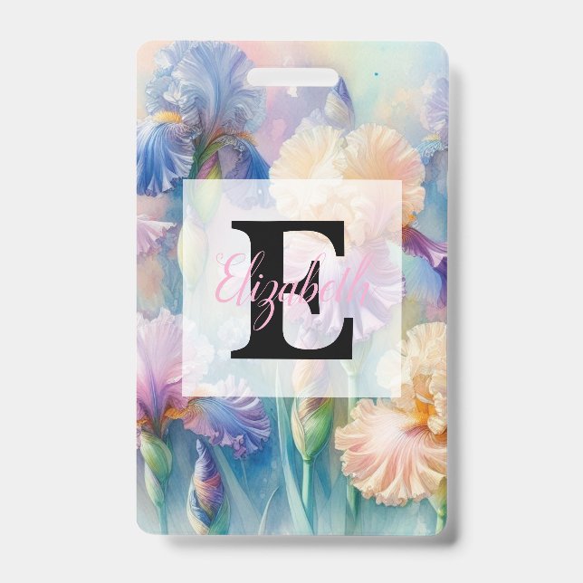 Badge Floral watercolor monogram purple iris flowers (Face)