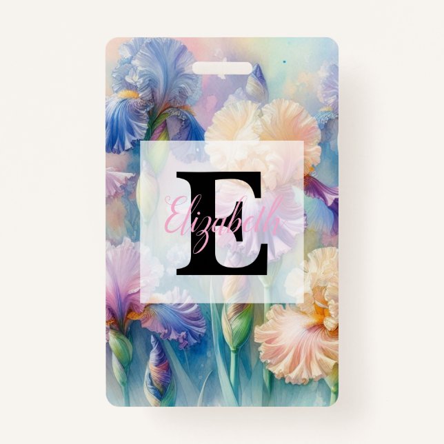 Badge Floral watercolor monogram purple iris flowers (Devant)