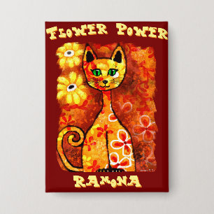 Badge Flower Power Rétro Fantaisiste Chat Personnalisé
