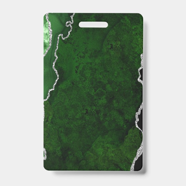 Badge Forêt Glamouruse Vert Marbre Chic Paillettes Argen (Avant)