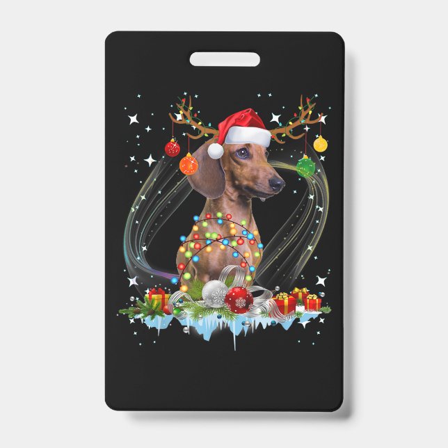 Badge Funny Santa Dachshund Reindeer Light Christmas (Avant)