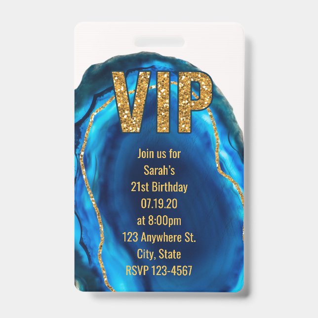 Badge Geode Agate Blue Gold Anniversaire VIP Pass Invita (Avant)
