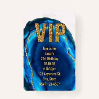 Badge Geode Agate Blue Gold Anniversaire VIP Pass Invita