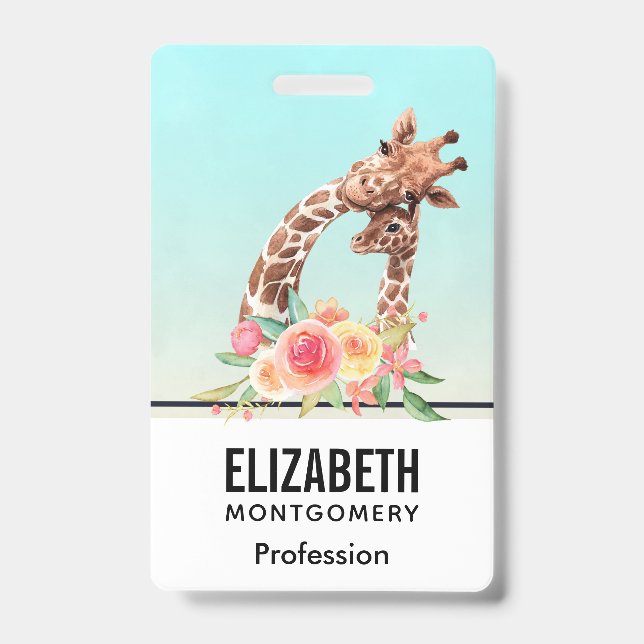Badge Girafe Mignonne Aquarelle Mère & Bébé (Avant)