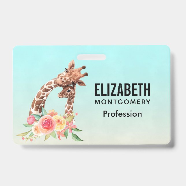 Badge Girafe Mignonne Aquarelle Mère et Bébé (Avant)