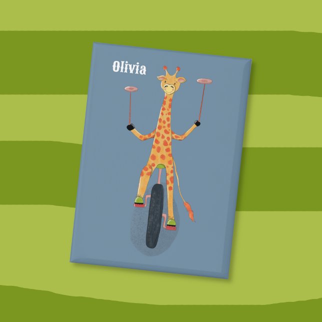 Badge Girafe sur un monocycle Bouton Bleu (Giraffe acrobat on a unicycle and spinning plates on stick kid  blue pin button . )