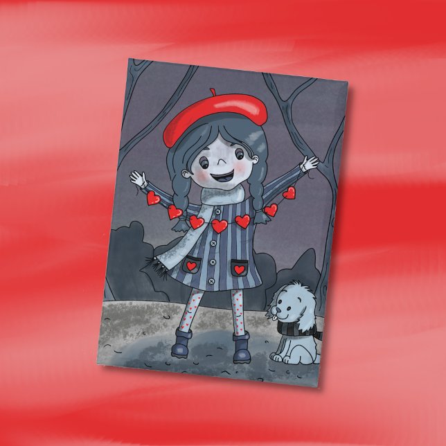 Badge Girl with Heart Garland Valentine's Day Button (Cute girl with red heart garland Valentine's Day button . )