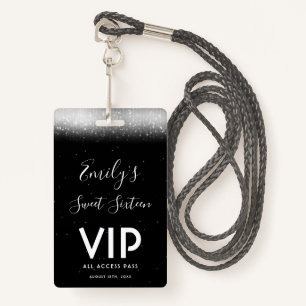 Badge Glam Black White Sweet 16 Invitation VIP Pass