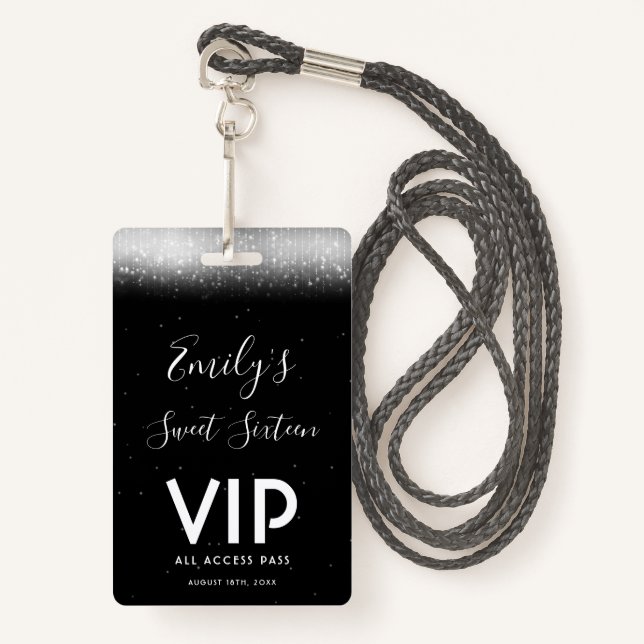 Badge Glam Black White Sweet 16 Invitation VIP Pass (Devant avec lanière)