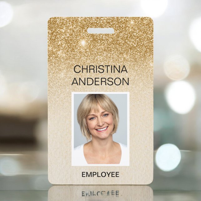 Badge Glam Gold Glitter Nom de l'employé Photo Entrepris (Créateur téléchargé)