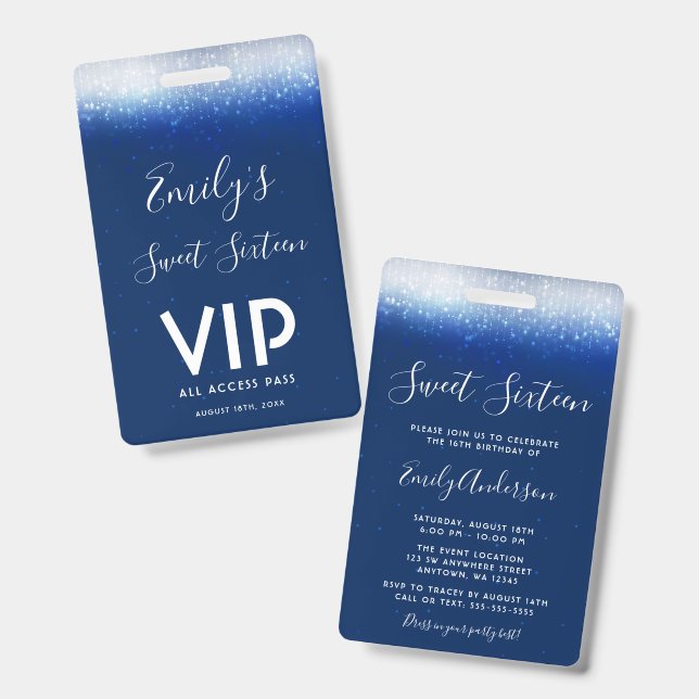 Badge Glam Navy Blue Sweet 16 Invitation VIP Pass (Recto et verso)