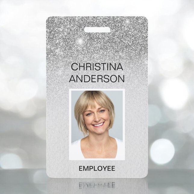 Badge Glam Silver Paillettes Nom de l'employé Photo Entr (Créateur téléchargé)
