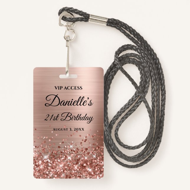 Badge Glittery Rose Gold Foil Moderne 21e anniversaire (Devant avec lanière)