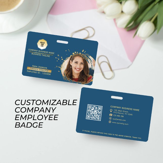 Badge Gold & Blue Company Employé QR Code, photo et logo (Créateur téléchargé)