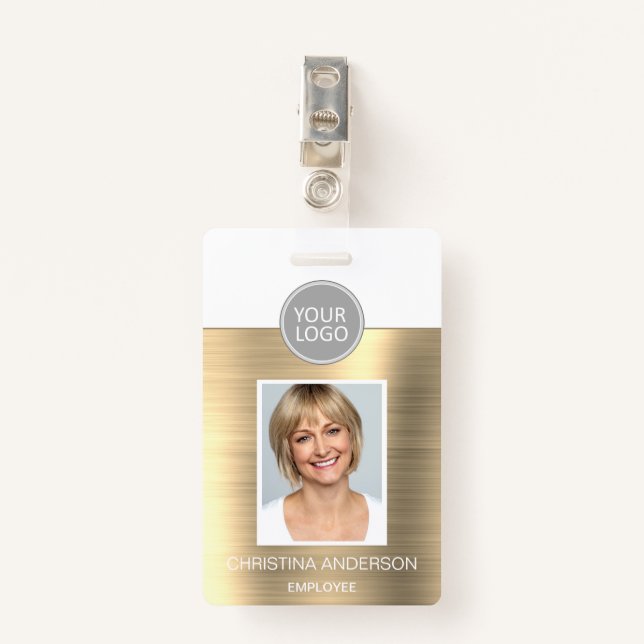 Badge Gold Metallic Nom de l'employé Logo Photo Entrepri (Devant avec clip)