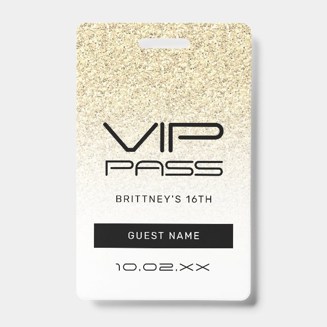 Badge Gold Ombre Parties scintillant Glam VIP Pass 16e I (Face)