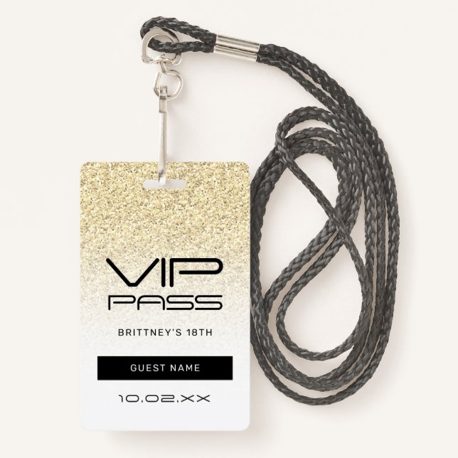 Badge Gold Ombre Parties scintillant Glam VIP Pass 18e I (Devant avec lanière)