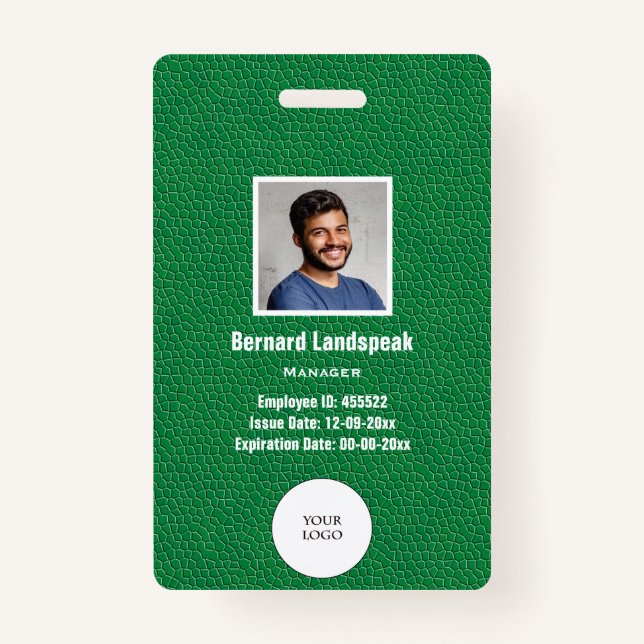 Badge Green Leather & Employee Photo & Logo, Bar code (Devant)