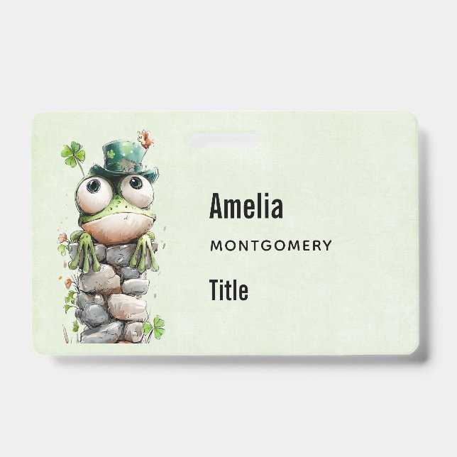 Badge Grenouille avec chapeau vert et trèfle mignonne (Avant)