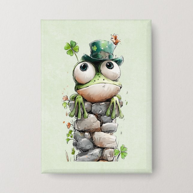 Badge Grenouille avec chapeau vert et trèfle mignonne (Recto)