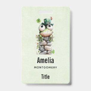 Badge Grenouille avec chapeau vert et trèfle mignonne