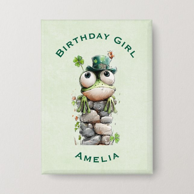 Badge Grenouille Fille d'Anniversaire avec Chapeau Vert  (Recto)