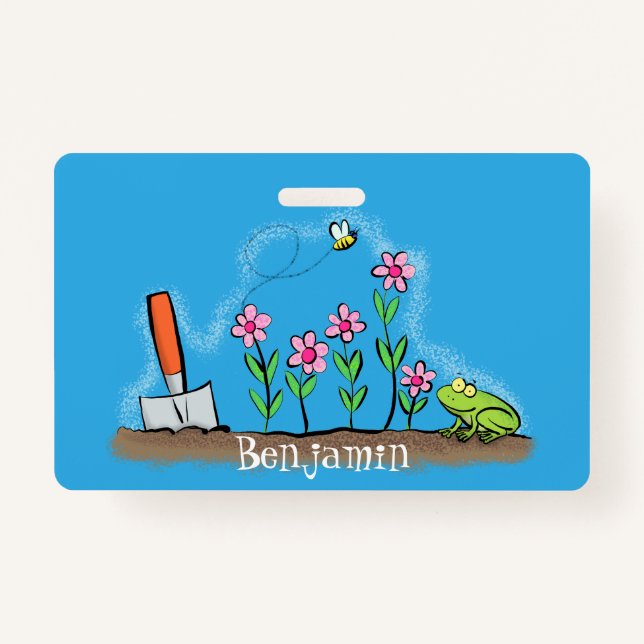 Badge Grenouille mignonne et abeille dans le jardin dess (Devant)