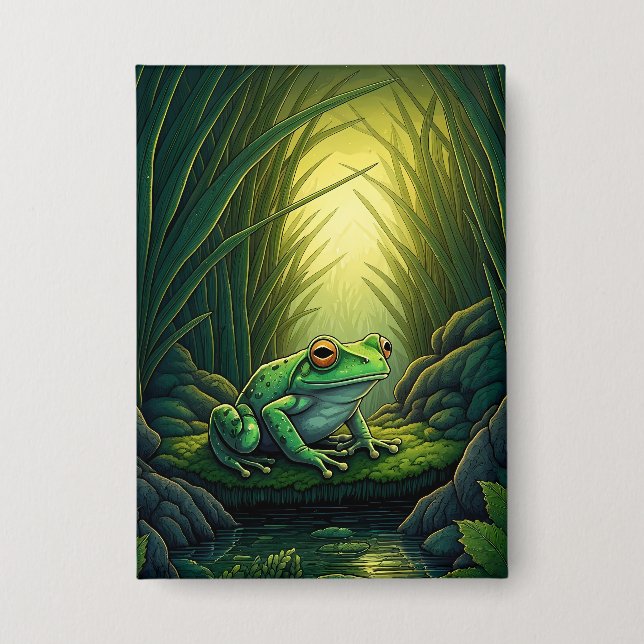Badge Grenouille verte enchantée dans une forêt (Recto)
