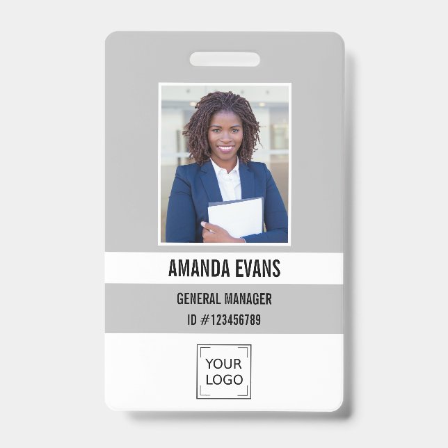 Badge Gris | Logo employé photo ou code QR de sécurité (Avant)