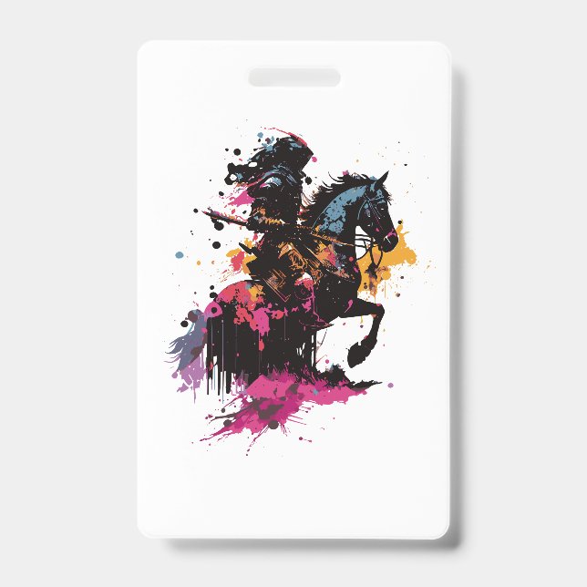 Badge Guerrier chevauchant un cheval à l'aquarelle (Avant)