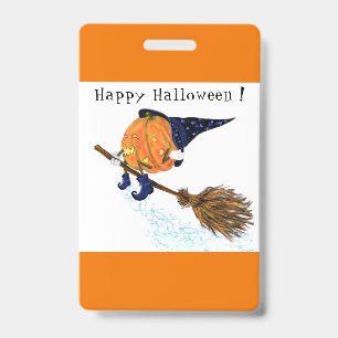 Badge Halloween insigne de fête sorcière Citrouille vola