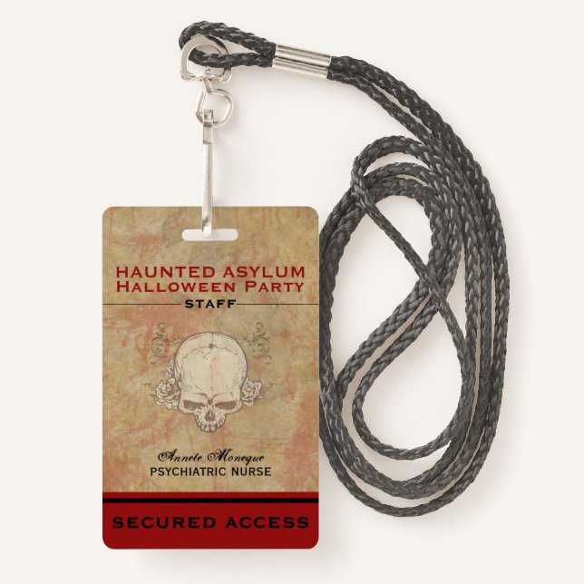 Badge Hauned Asylum Halloween Personnel du parti 2 (Devant avec lanière)