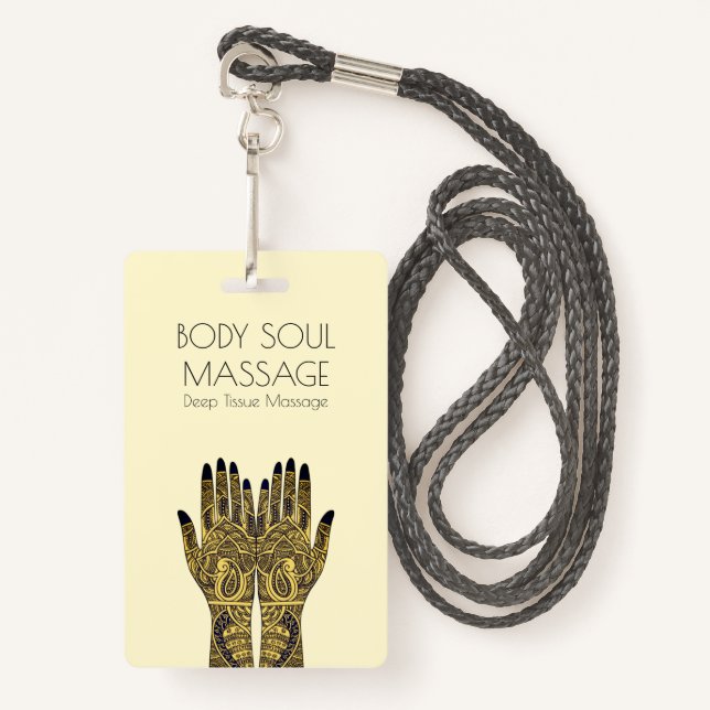 Badge Henna Mehndi Massage Mains Business (Devant avec lanière)