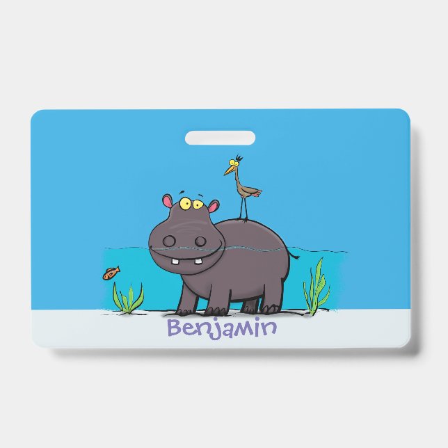 Badge Hippopotame drôle mignon avec dessin animé d'oisea (Avant)