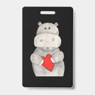 Badge Hippopotame Mignon Tenant un Cœur Hippopotame d'