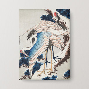 Badge Hokusai Art Japonais Deux Grues Pin enneigé