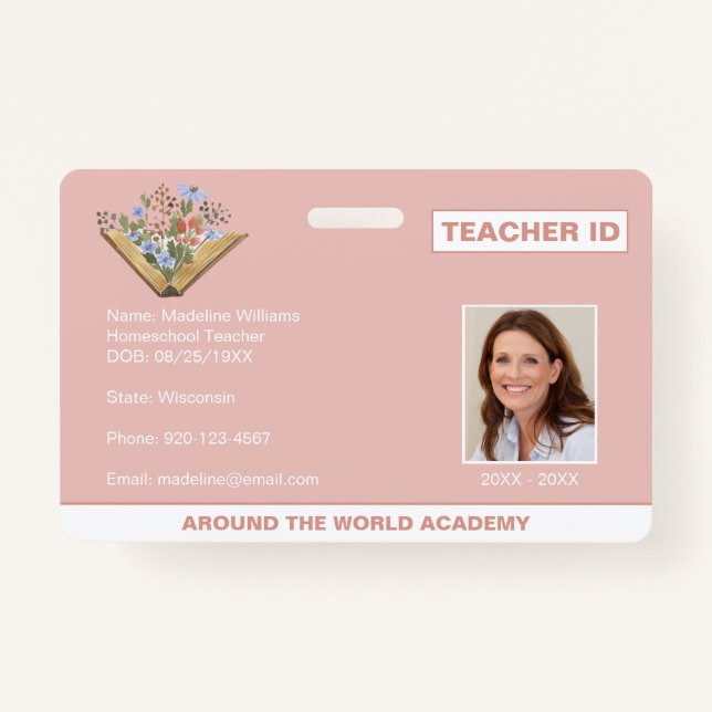 Badge Homeschool Enseignant ID Livre Fleurs (Devant)