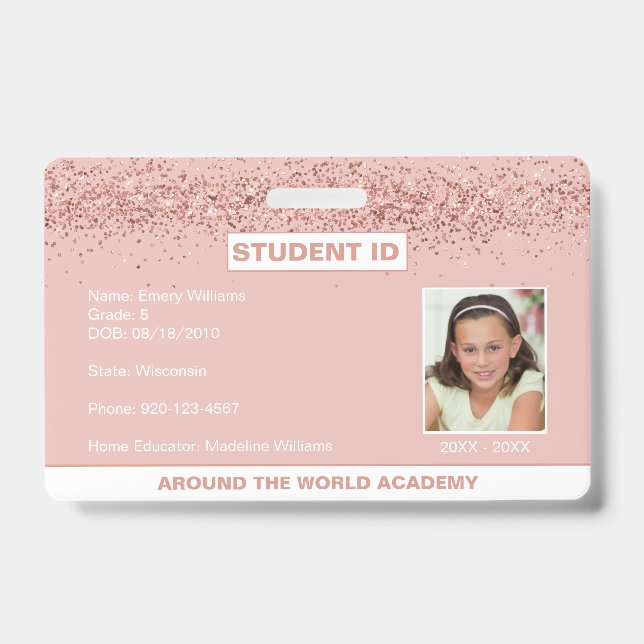 Badge Homeschool Student ID Rose Gold Parties scintillan (Front)