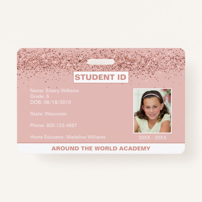 Badge Homeschool Student ID Rose Gold Parties scintillan (Devant)