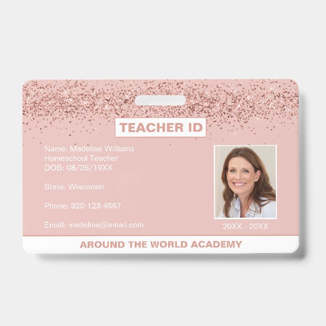 Badge Homeschool Teacher ID Rose Gold Parties scintillan (Front)
