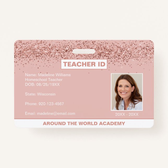 Badge Homeschool Teacher ID Rose Gold Parties scintillan (Devant)
