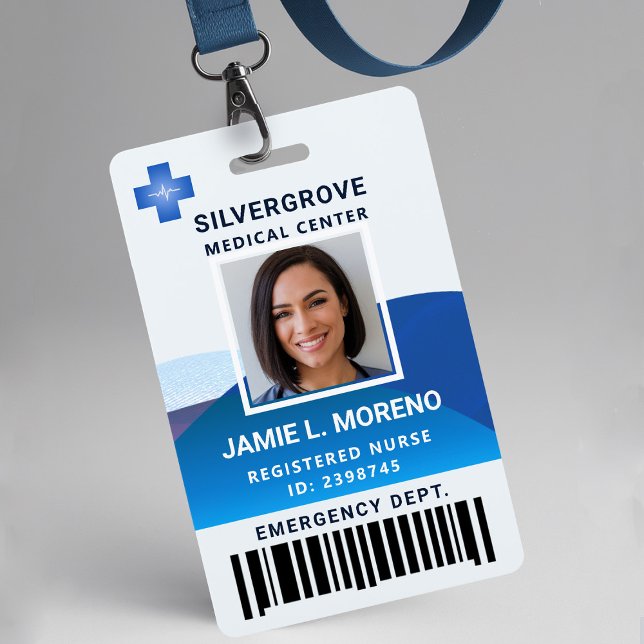 Badge Hôpital Clinique Photo ID Infirmière Logo Bleu Mod (nurse id badge template hospital clinic medical center office clinic blue logo photo bar code)