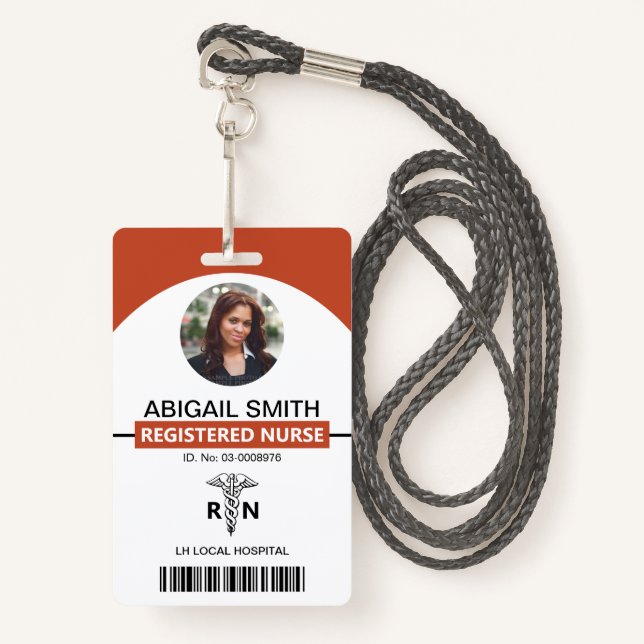 Badge Hospital RN employé caduceus terracotta photo (Devant avec lanière)